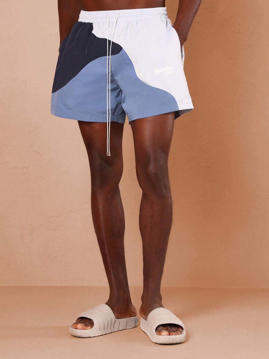 SUMWON Shorts de playa premium con diseño de bloques de color, pantalonetas de baño de verano con cordón, shorts deportivos resistentes al agua para la piscina, playa, vacaciones y deportes
