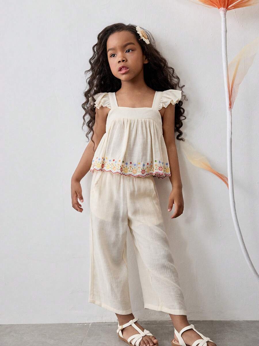 Maija Kids Maija Kids Set de 2 piezas para niña con top sin mangas holgado con volantes y pantalones anchos de 7/8 de largo, outfit informal de unicolor con bordado en el bajo para vacaciones, primavera/verano
