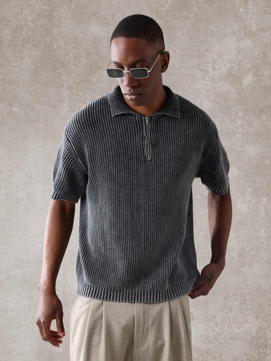 SUMWON Luxury Ribbed Knit Polo Sweater Half-Zip Collar Modern Casual Pullover Classic Short Sleeve Fashion Top Business Casual Autumn Winter Knitwear