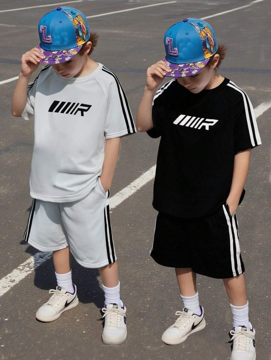 4pcs Tween Boy Casual Sports Letter Side Stripe Round Neck Short Sleeve T-Shirt Top And Sports Shorts Set, Suitable For Commuting, School, Daily Casual Wear, Sports, Spring/Summer