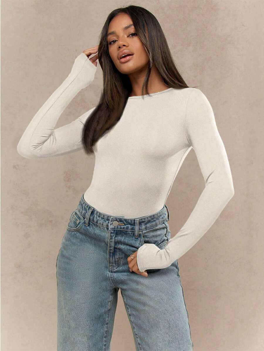 MISSGUIDED Ribbed Long Sleeve Bodysuit Classic Form-Fitting Basic Layer Slim Fit Crew Neck Fall Winter Essential Workwear Office Casual Everyday Wear Stretchy Comfort