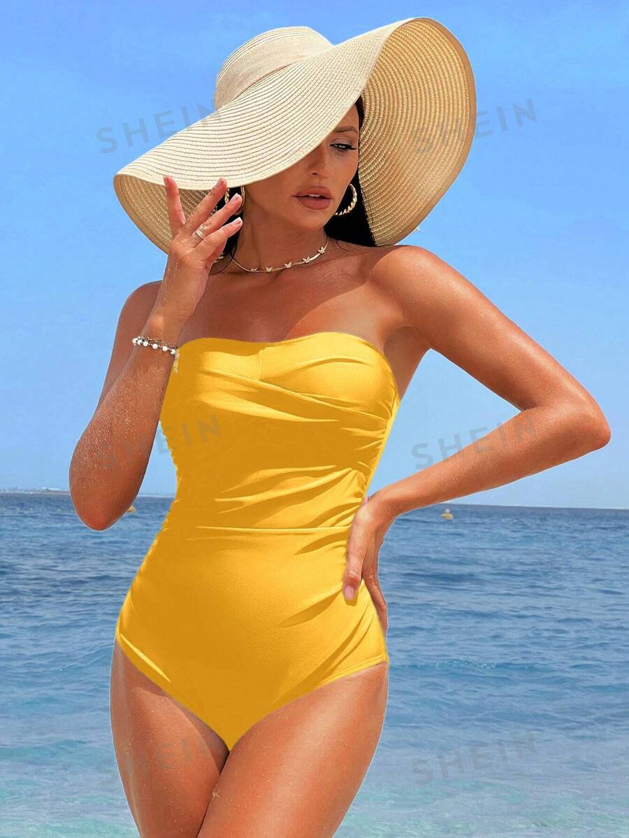 Swim Chiccia Damen einfarbiger geraffter Bandeau-Einteiler Badeanzug für den Strandurlaub