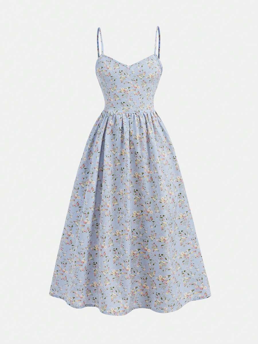SHEIN Vestido informal con tirantes finos y estampado floral menudo para niñas preadolescentes de vacaciones