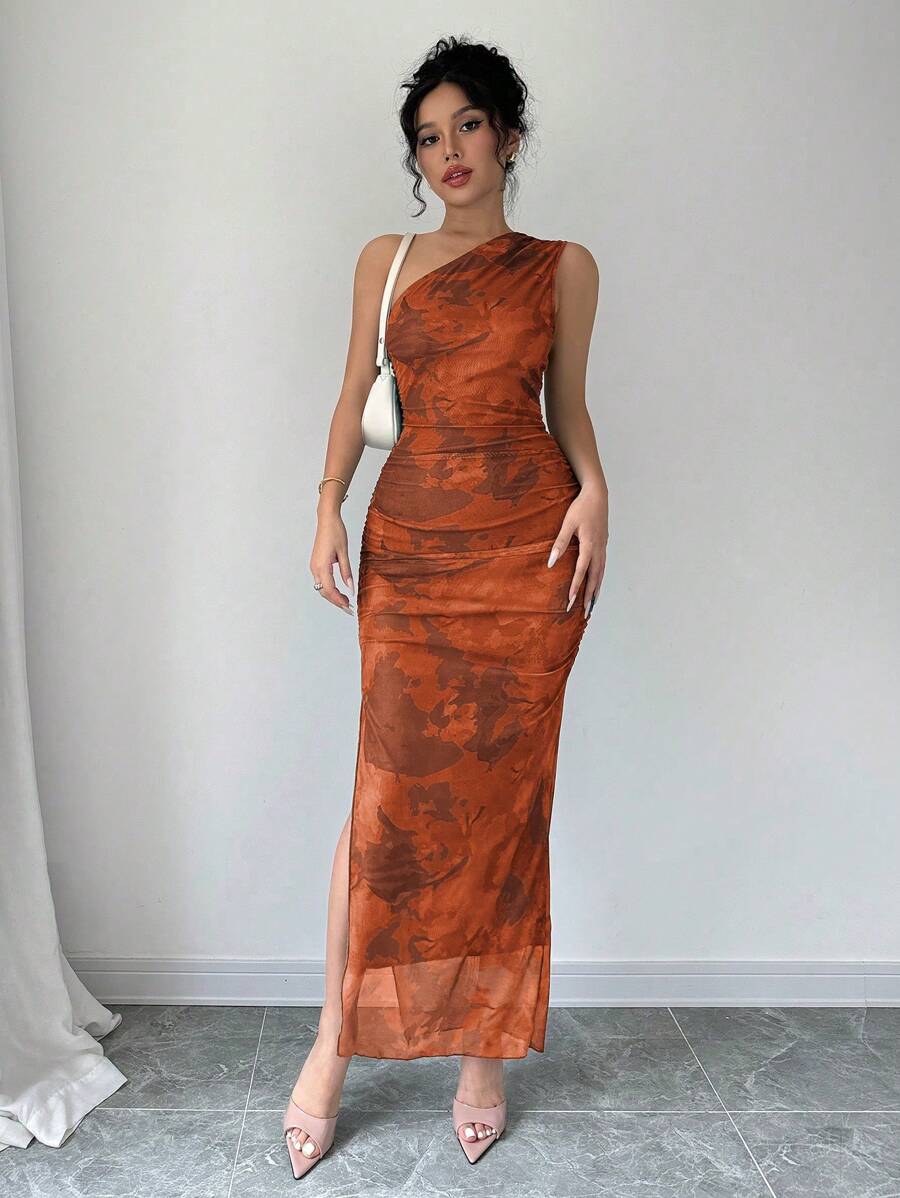 Elenzga Abito da sera di lusso da donna, abito lungo con stampa Tintura a nodi, scollo asimmetrico, senza maniche, sexy