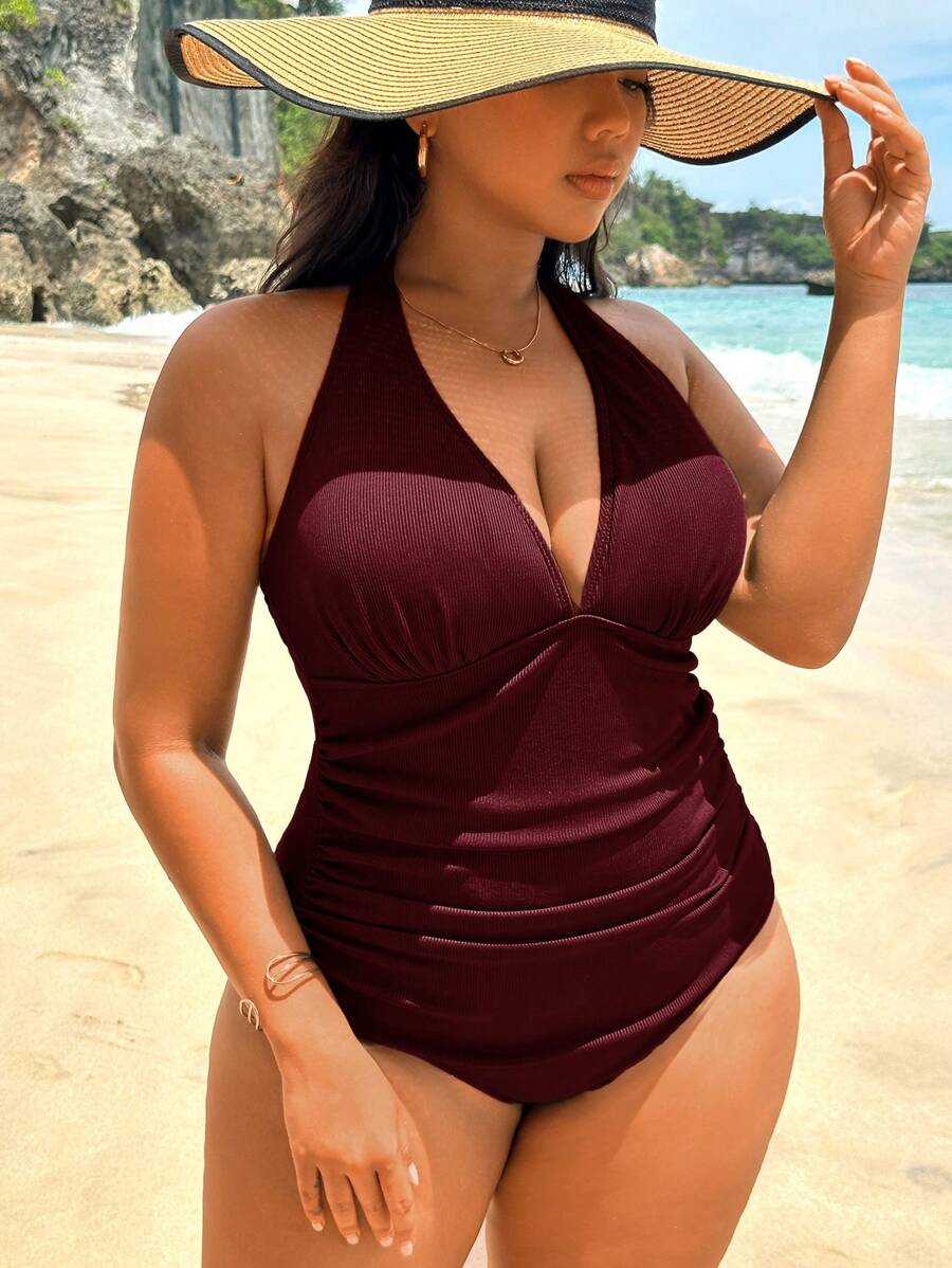 Swim Lushoire 1 pieza Traje de baño de una pieza con cuello halter de unicolor y talla grande, minimalista y de moda, apropiado para el verano