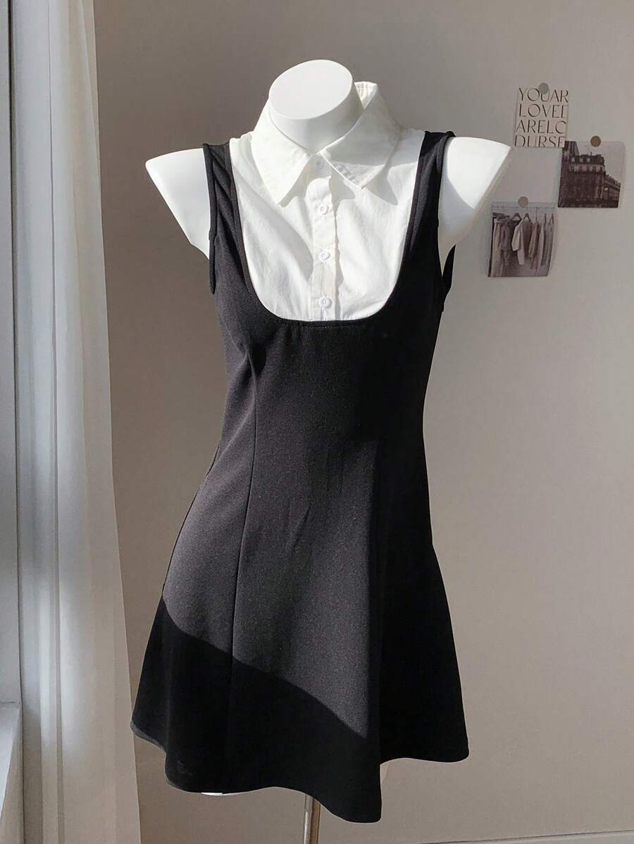 Comfortcana Zomer kantoor V-hals contrasterende rand taille A-lijn mouwloze mini-jurk