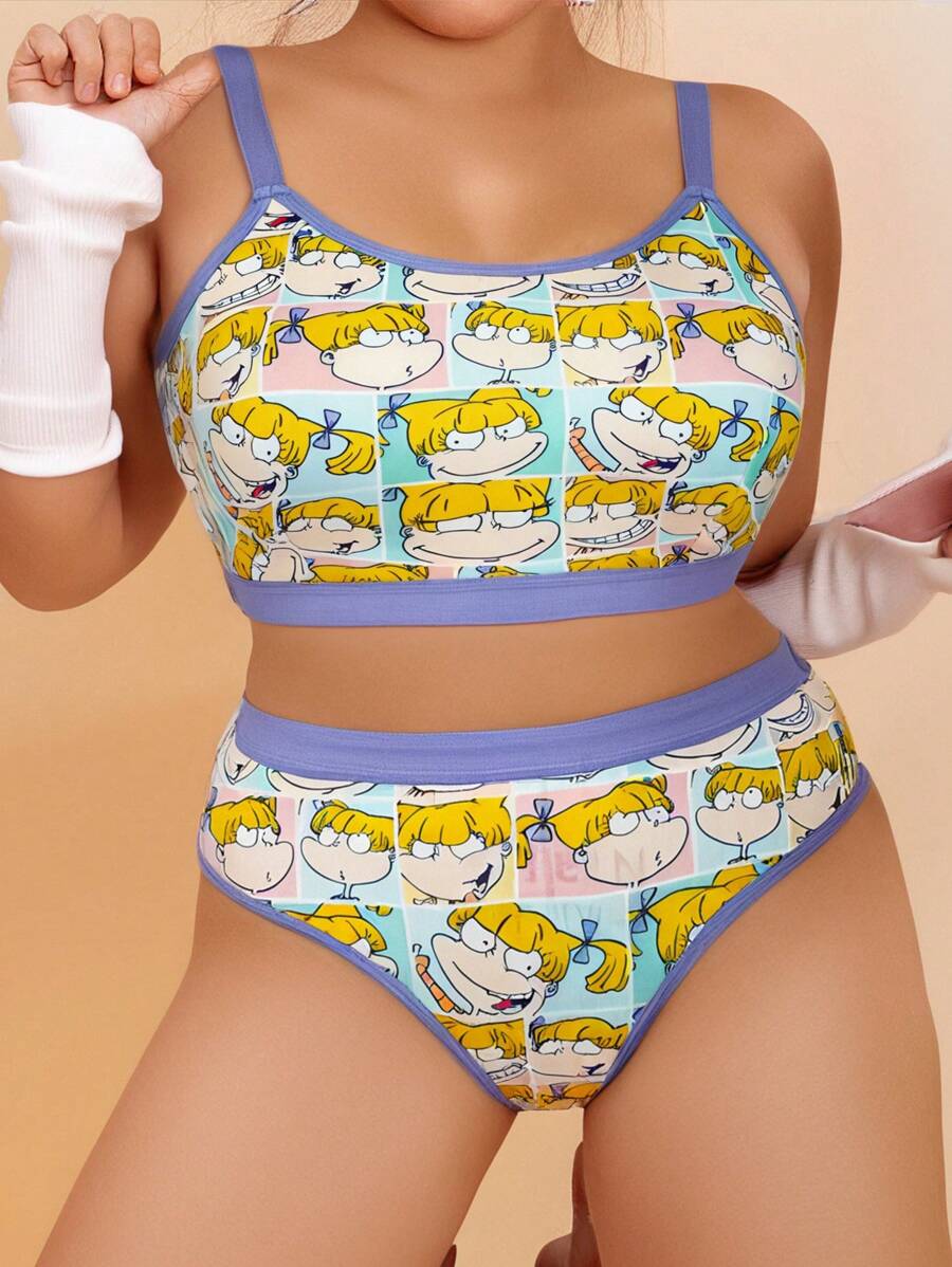 Nick 90s X SHEIN Plus Size Zachte & Schattige Cartoon Patroon Trim Draadloze BH en Slip Lingerie Set
