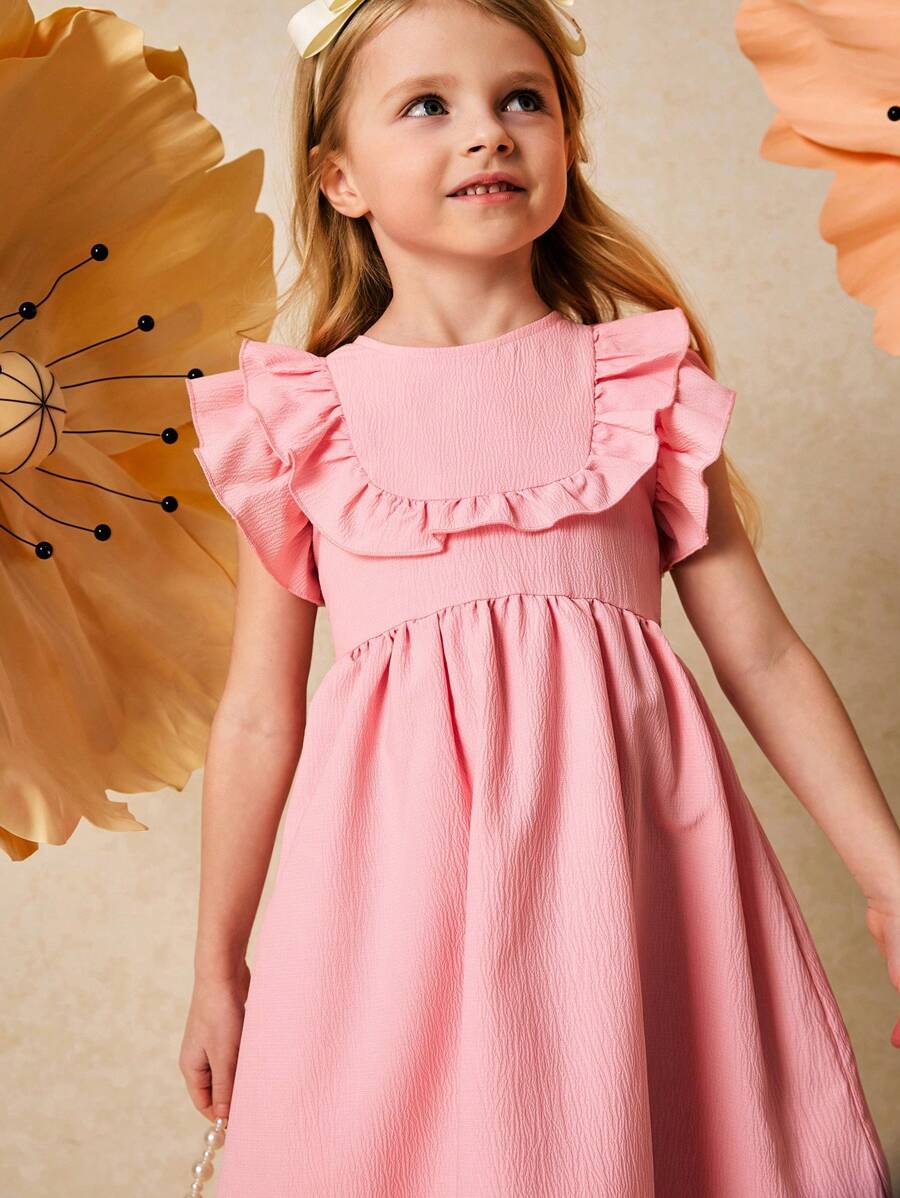 SHEIN Vestido holgado con volantes en el bajo, color rosa elegante, para niñas, primavera/verano
