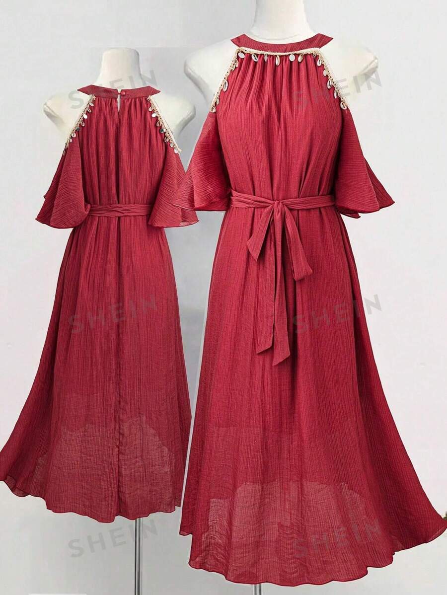 Sunnyshic Vestido rojo vintage francés con aplicaciones de concha, cuello halter y patchwork, para mujer, estilo bohemio chic para ocio, viajes y playa en verano