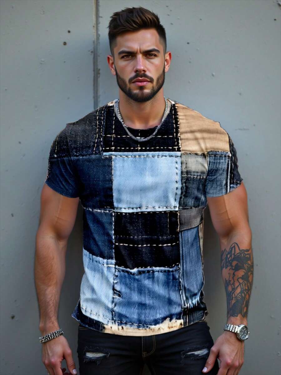 Manfinity Homme Camiseta con estampado de patchwork para hombres, de estilo minimalista, adecuada para el verano