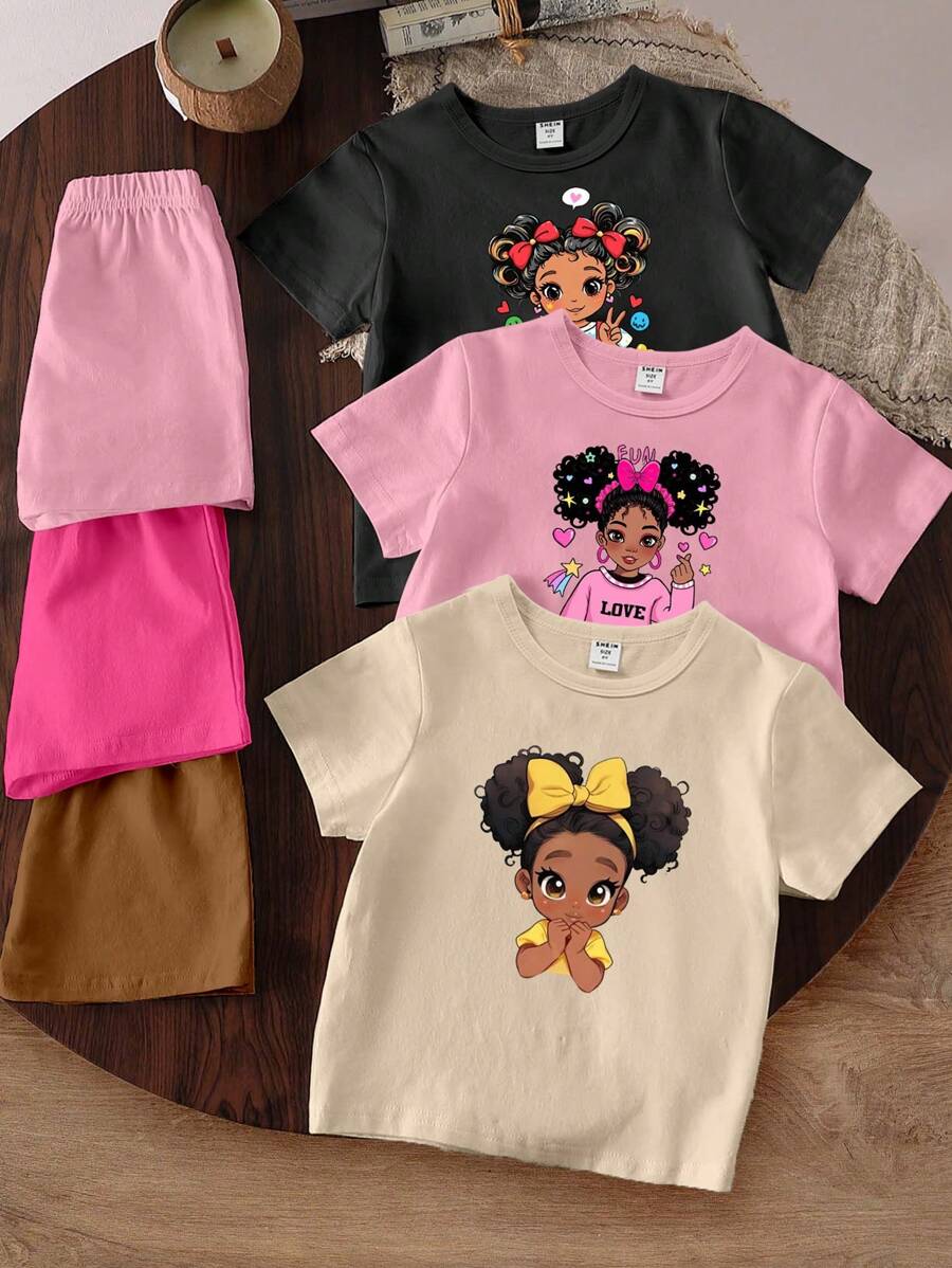 GraphicGems Ensemble de 3 pièces pour jeune fille, T-shirt à manches courtes avec imprimé de petite fille à papillon et cheveux bouclés mignonne et à la mode avec ensemble leggings