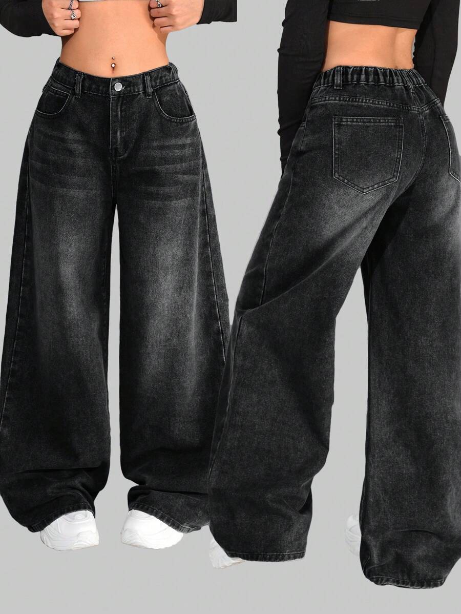 SHEIN Jeans sueltos de pierna ancha, cintura baja, bolsillos sesgados, estilo casual vintage Y2K en color gris lavado, para chicas adolescentes y ropa de calle