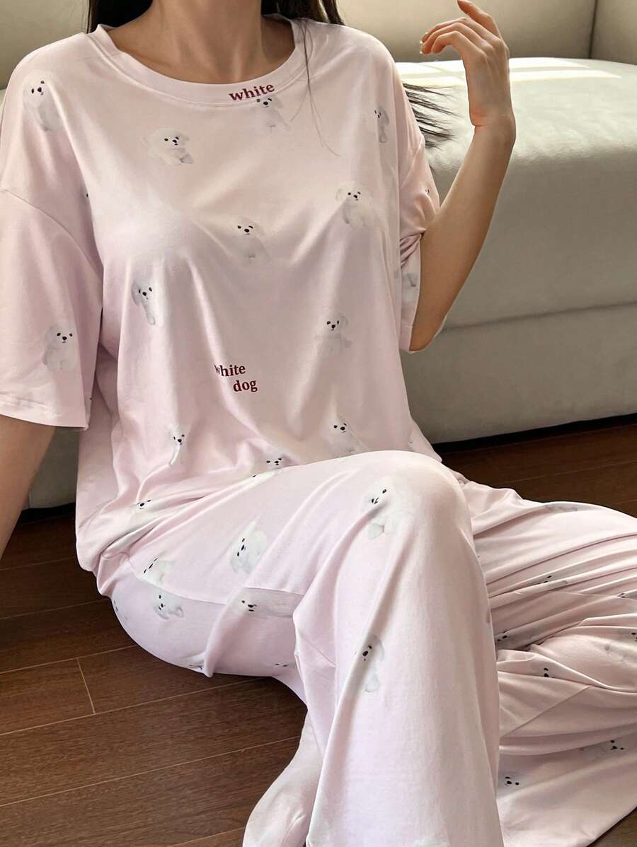 DAZY Conjunto de pijama de 2 piezas para mujer con camiseta holgada estampada con diseño lindo de perro y pantalón recto