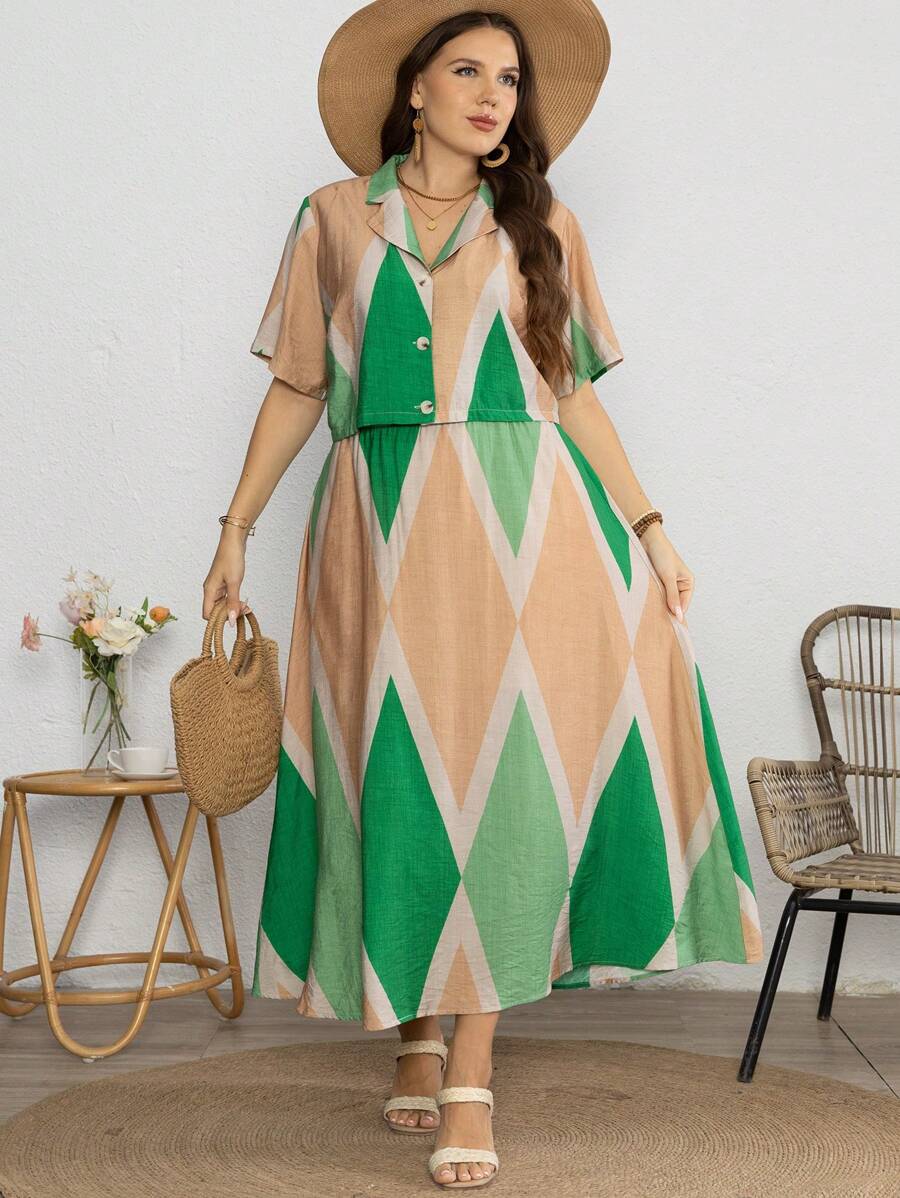 SHEIN Holidaya Set di maglietta a maniche corte con stampa e gonna a mezza vestaglia minimalista per donne taglia grande, outfit estivo