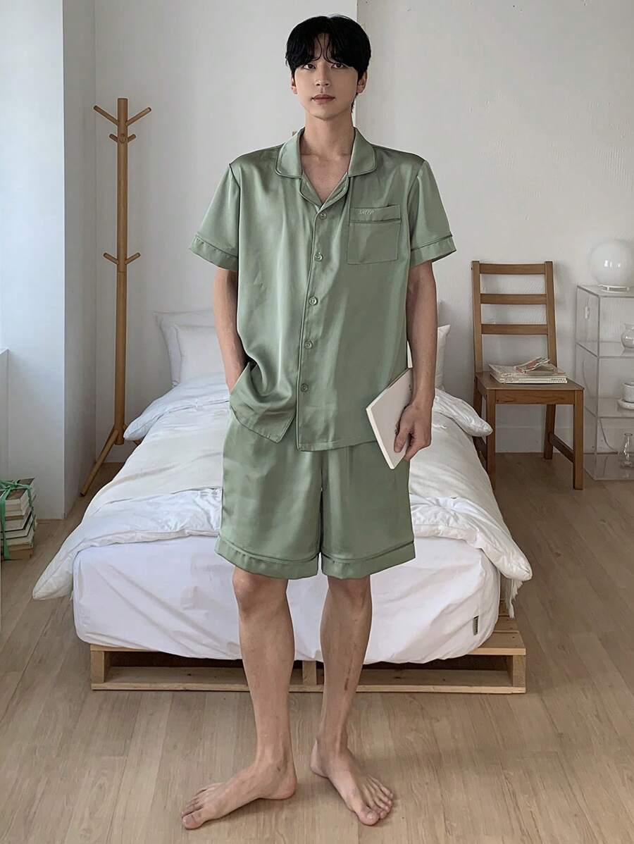 DAZY Conjunto de pijama de verano para hombres con estampado de letras en verde