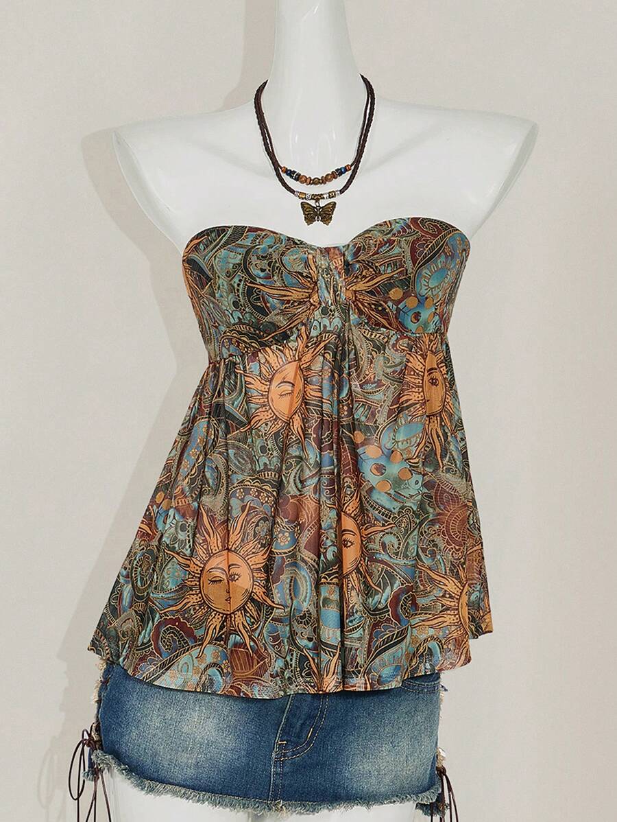SHEIN ICON Y2k Summer Going Out Green Cottagecore Beach Boho Fashion Vacation Sexy Women's Simple Fashionable Summer Women's Vacation Casual Vintage Paisley Print Sun Print Bandeau Flowy Babydoll Top Western Wear Women