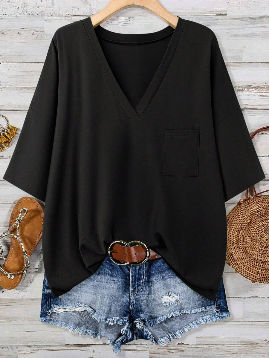 SHEIN LUNE Plus Size Saint Patrick's Day Green Pocket T-Shirt Spring Break Boho Rave T-Shirt Festival Spring Break T-Shirt Old Money Style Women Rave T-Shirt