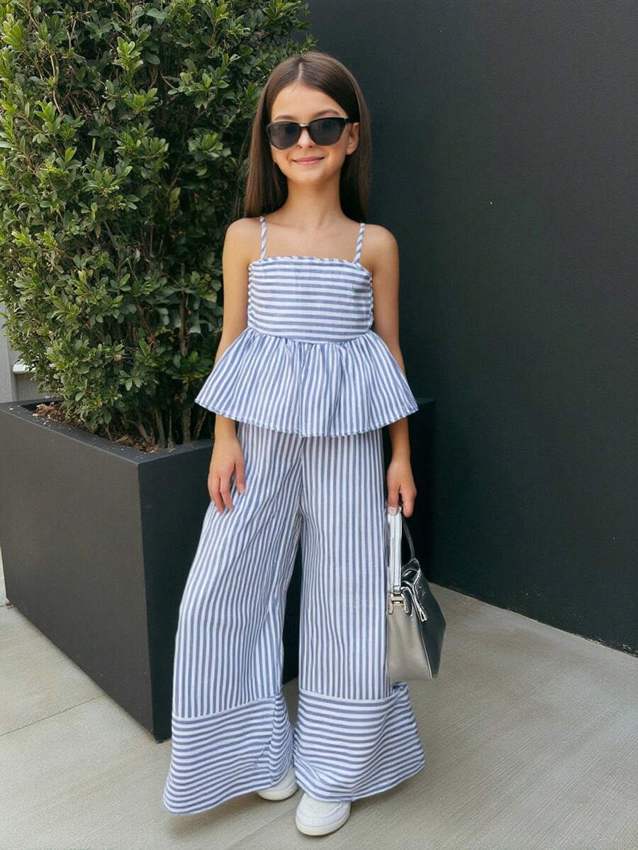 Nova Glow Tween Girls Vacation Casual Woven Blue Striped Cami Top & Wide Leg Pants Set