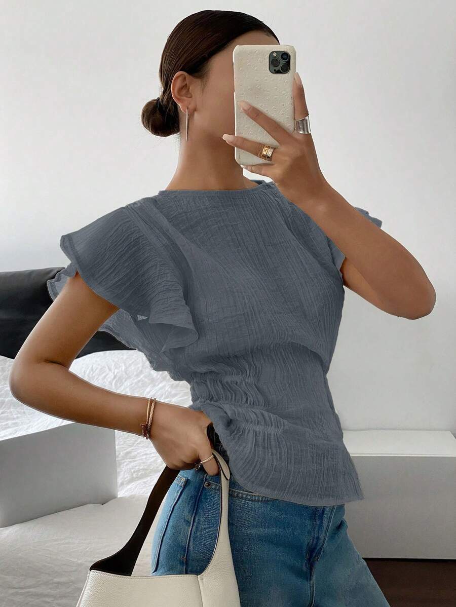 Siren Gaze Blusa casual con cuello redondo y volantes, cintura recogida, para mujer, de verano