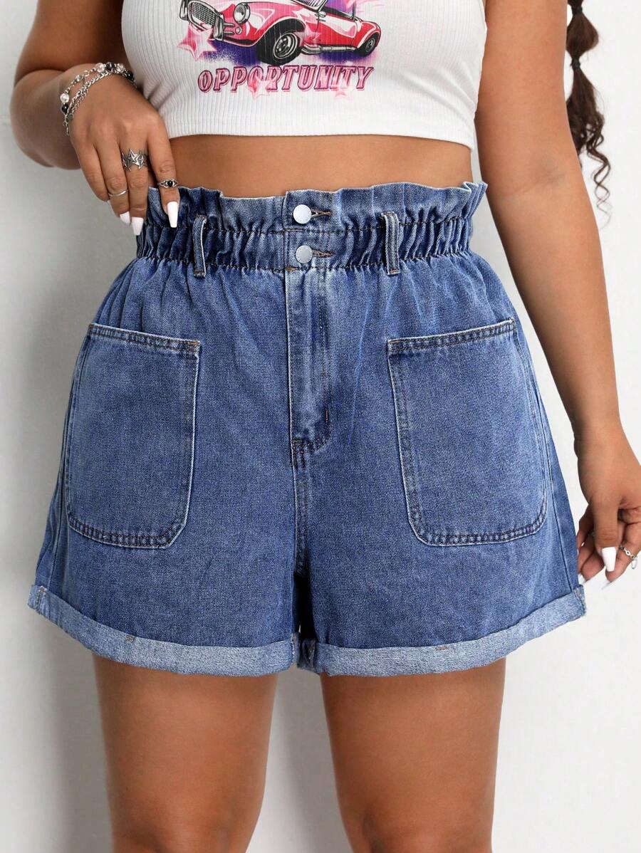 SHEIN EZwear Plus Size Women Ruffle Hem Pocket Loose Wide Leg Casual Denim Shorts
