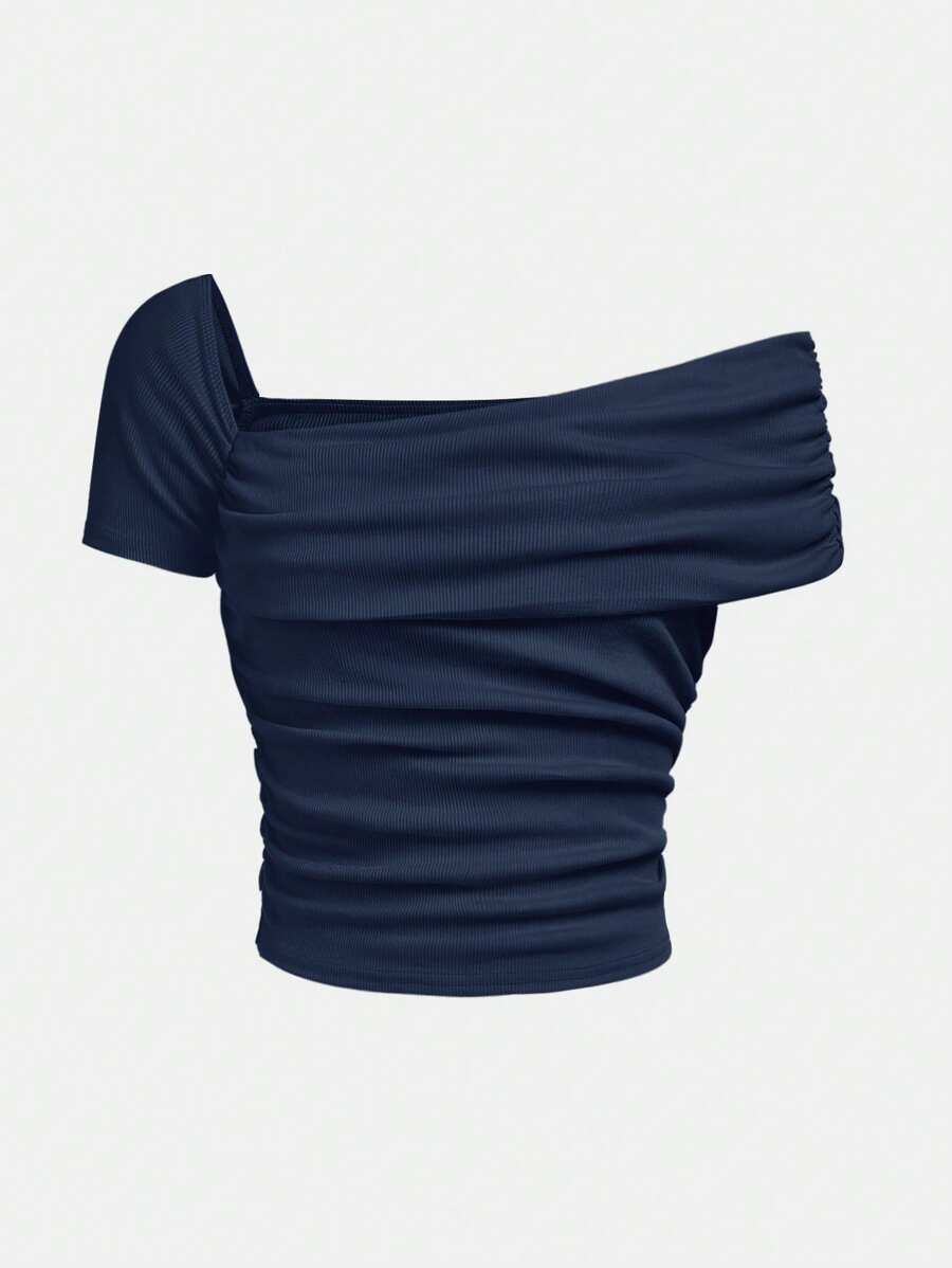 SHEIN Girlism Camiseta casual de un hombro fruncida de punto acanalado de unicolor para adolescentes