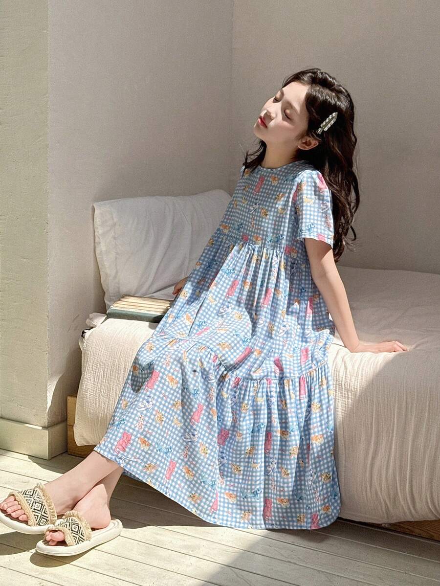 Dazy Kids Tween Girls Floral Print Short Sleeve Round Neck Woven Homewear Sets For Summer