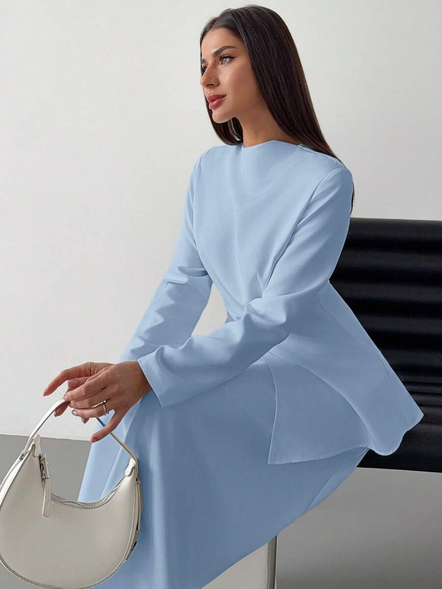 Firerie Elegant Minimalist Women 2Pcs Set: Long Sleeve Pleated Waist Blouse & High Waist A-Line Skirt, Suitable For Commuting & Dating, Autumn/Winter