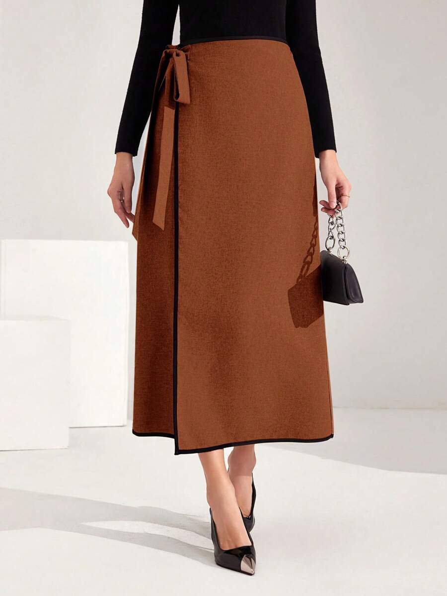 Heiryn Women Solid Color Side Knot Wrap Elegant Commuter Skirt