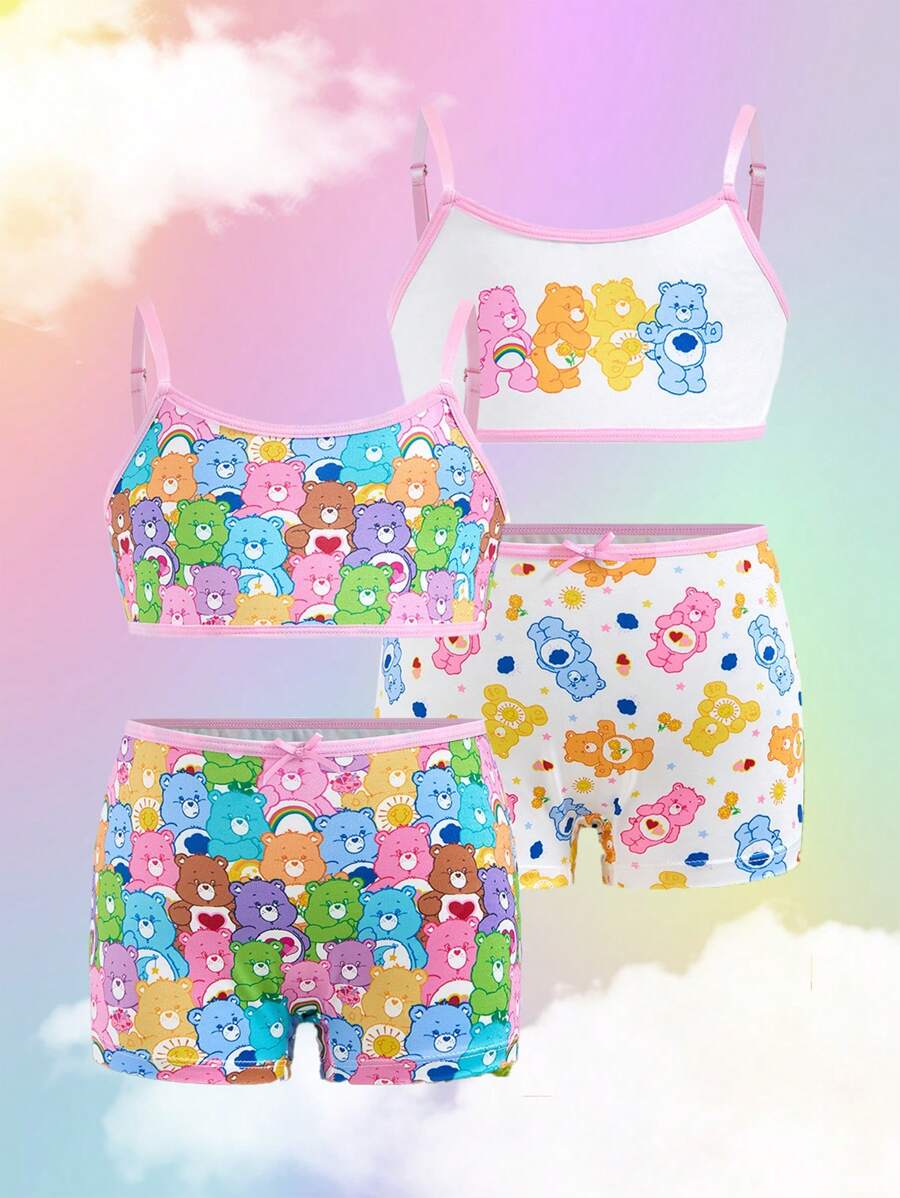 SHEIN X Care Bears Jeune fille Ensemble de lingerie Top camisole et culotte imprimé mignon et douillet d'ours de bande dessinée pour le printemps