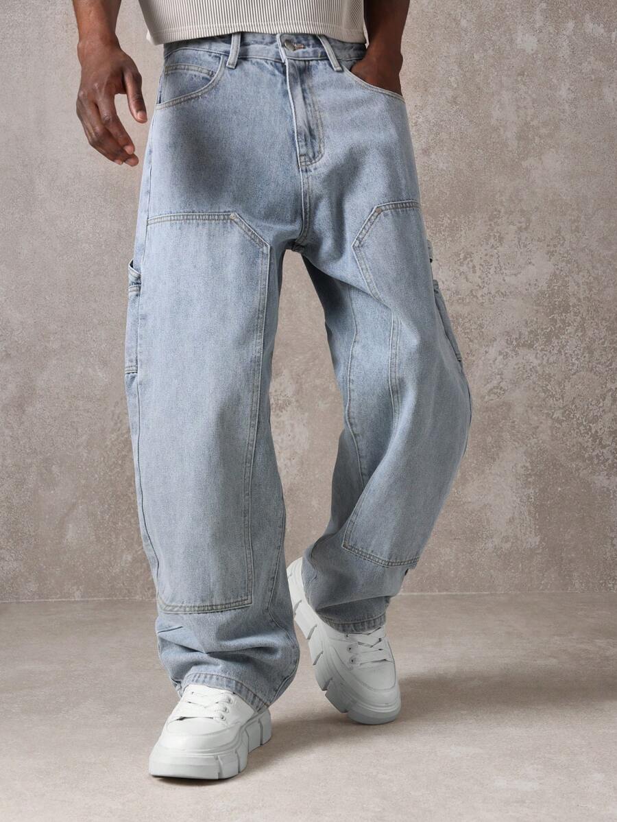 SUMWON Pantalones vaqueros de carpintero con bolsillos múltiples, ropa de trabajo de utilidad, pantalones vaqueros de pierna ancha y relajada, pantalones de trabajo de construcción de otoño e invierno, ropa de calle