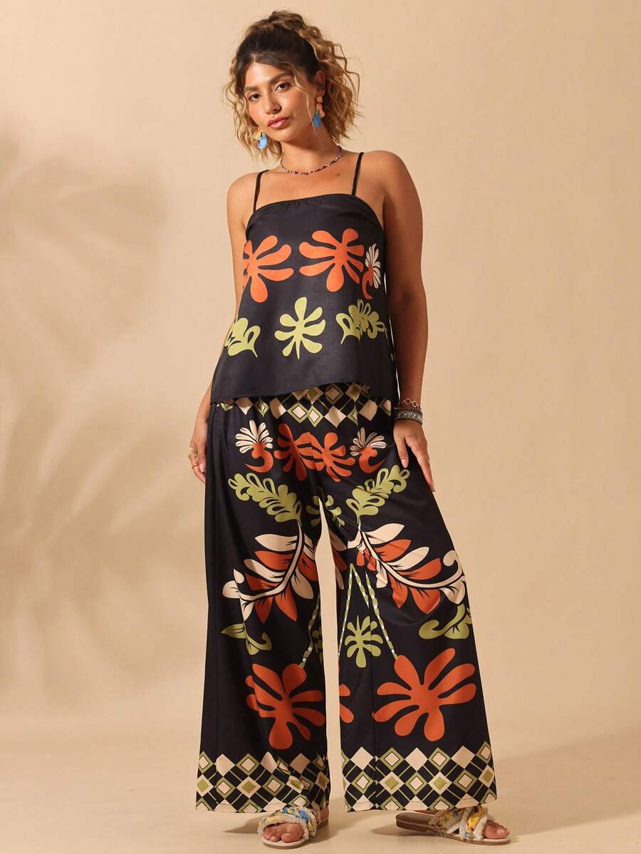 Breezaya 2 pezzi/set, Taglia oversize, Pigiama stampato con motivi tropicali, Canotta e pantaloni, Adatto per spiaggia e vacanze, Nuovo arrivo per l'estate