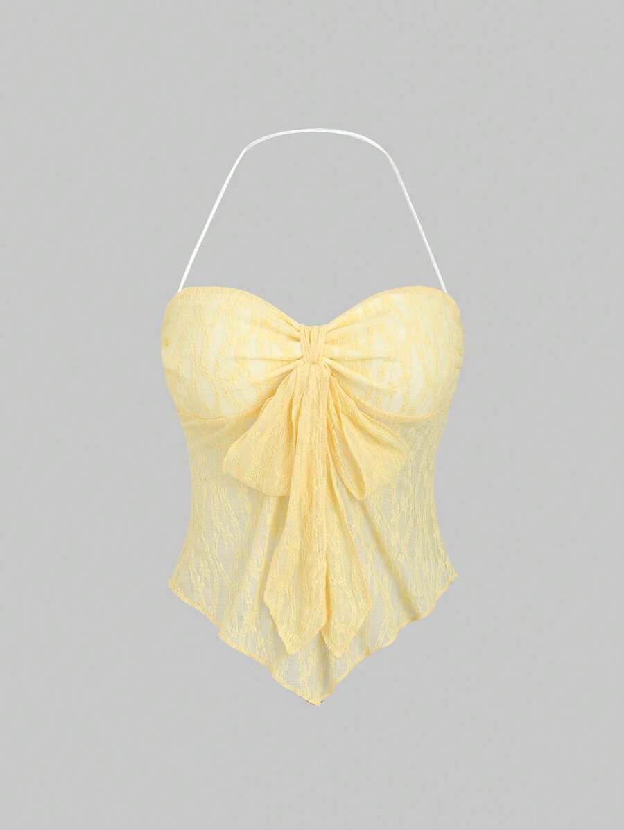 Sweetra Women's Summer Contrast Lace Bow Front Halter Neck Top Y2K