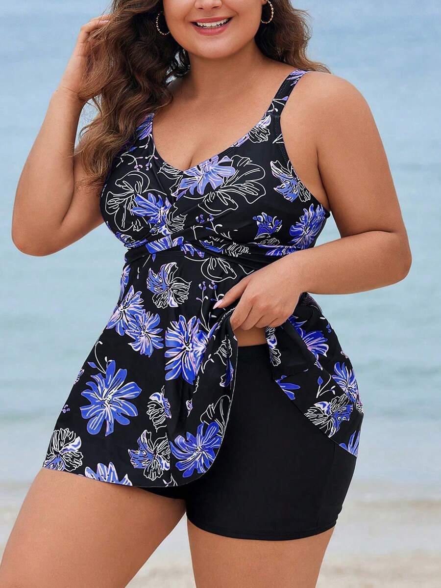 Swim Lushoire Vestido de baño informal con estampado floral y pantalones cortos para mujer de talla grande