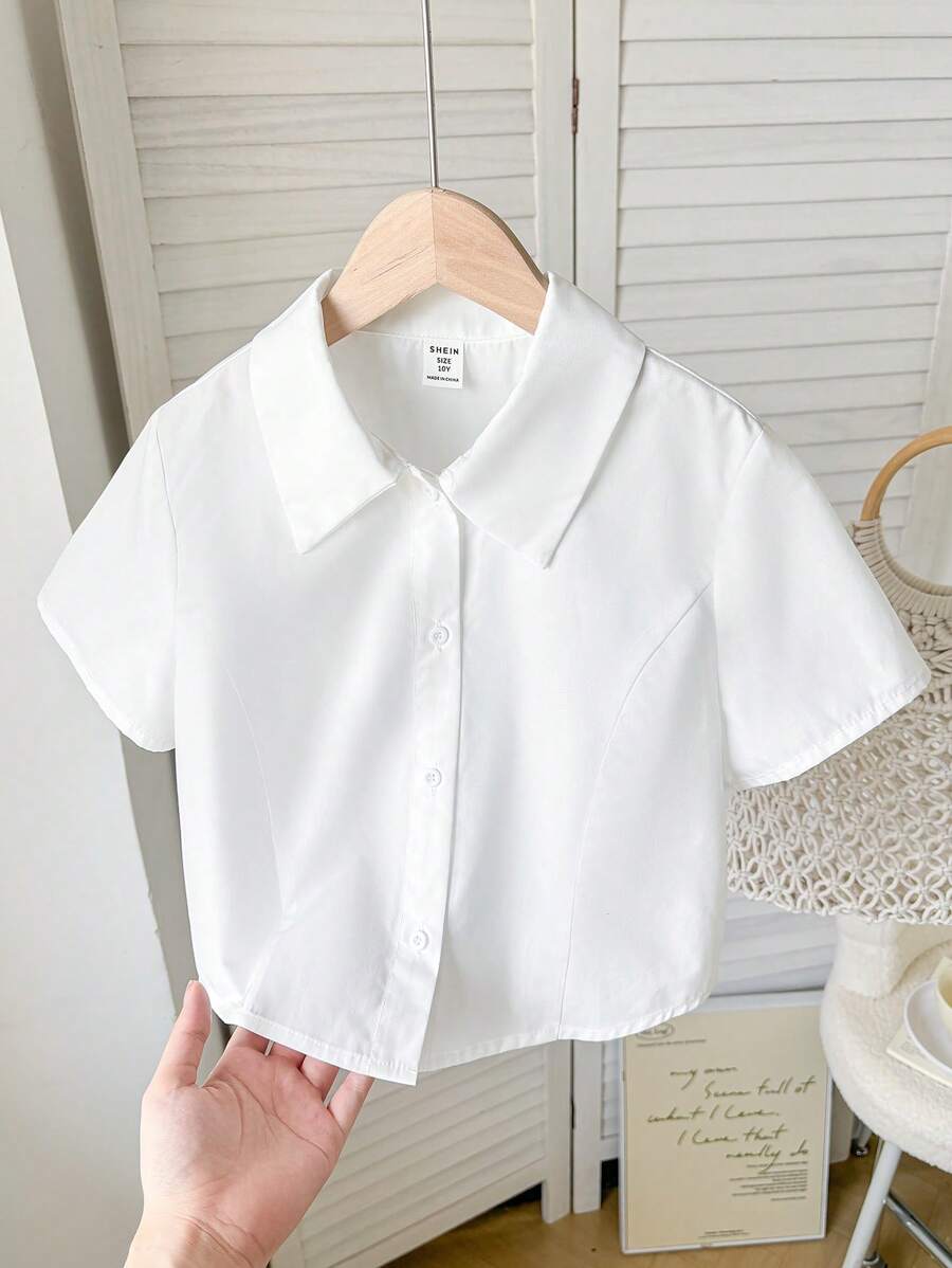 SHEIN Blusa de manga corta de tejido sencillo informal para niñas preadolescentes