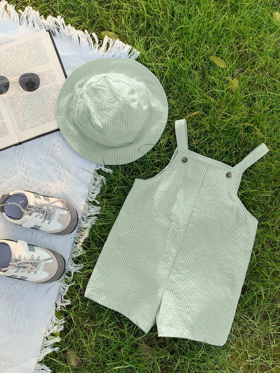 Set de 2 piezas: Peto corto a rayas verdes y blancas + Gorro de cubo para bebé niño/niña, conjunto de ropa casual para vacaciones/playa