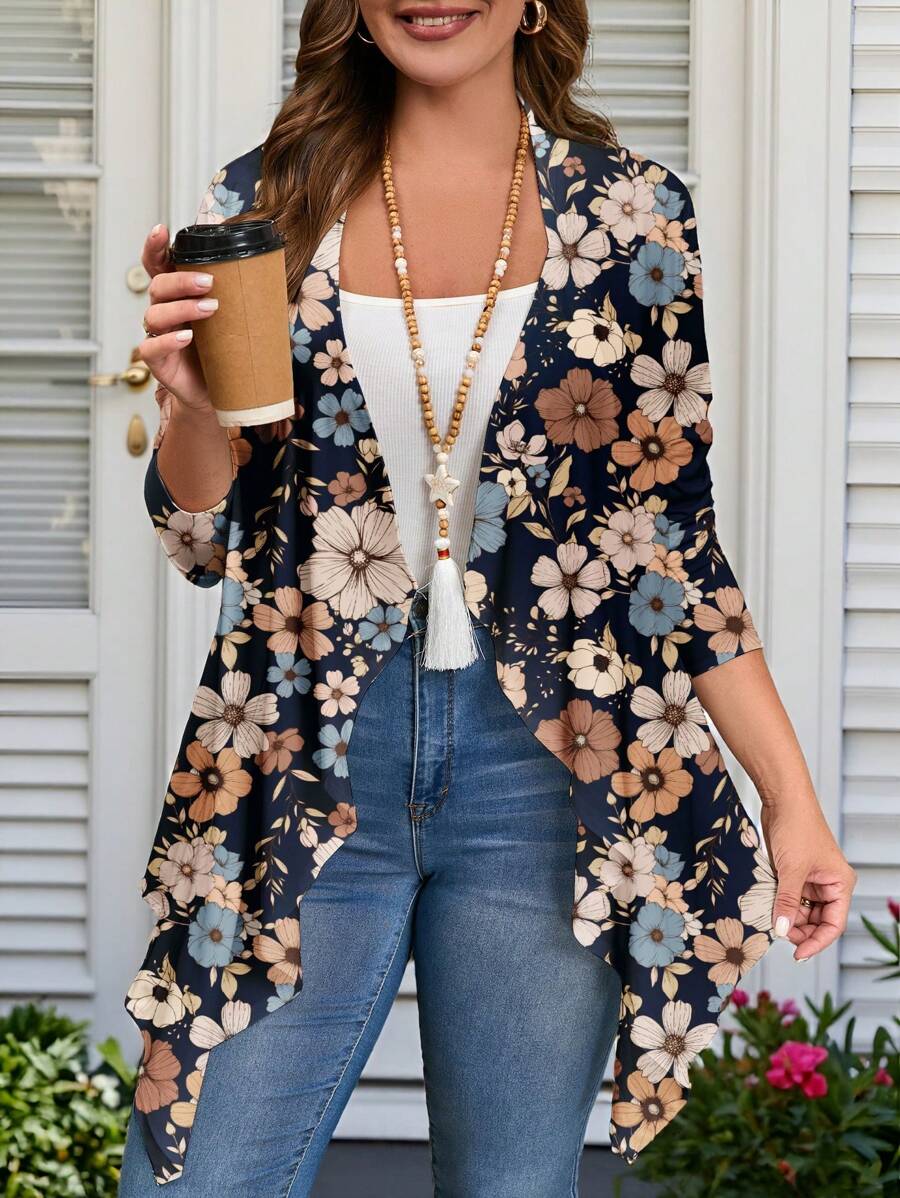 EMERY ROSE Plus Size Women's Khaki Ditsy Floral Long Sleeve Jacket, Suitable For Spring & Autumn