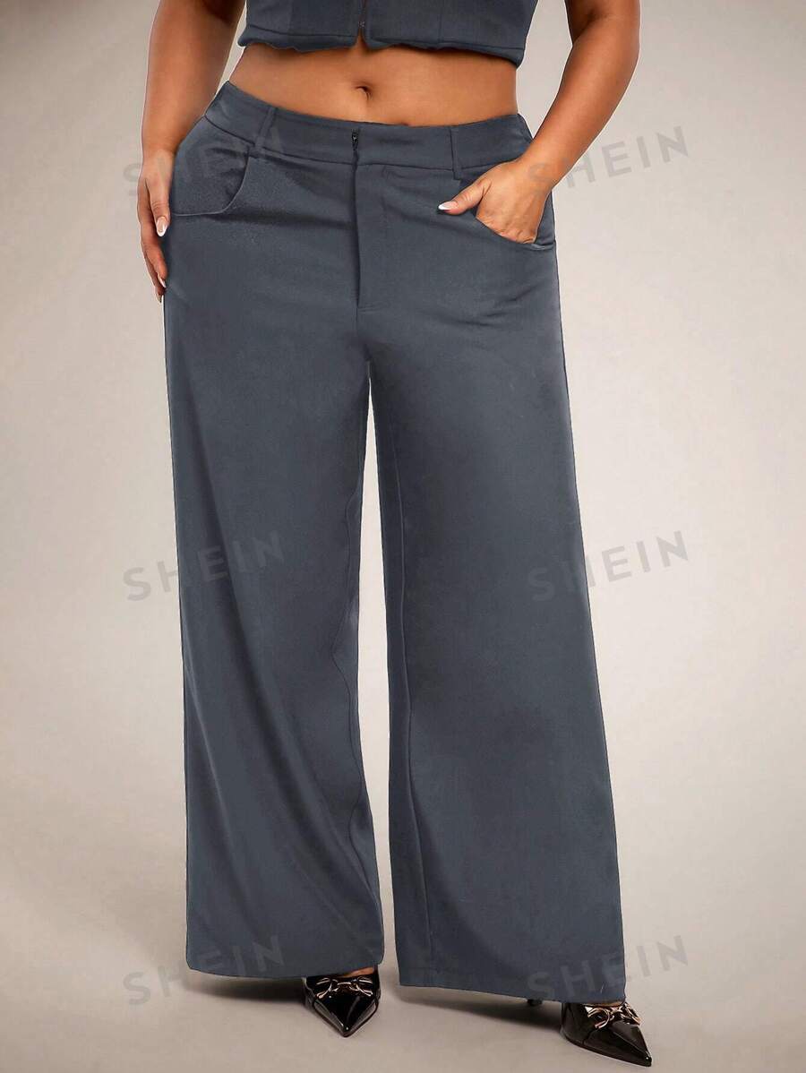 SHEIN BAE Pantalones largos de mujer de talla grande para primavera/verano, de corte holgado/ajustado, negros con bolsillos, de pierna recta y ancha, de oficina, de tiro bajo/medio, aptos para salidas de San Valentín, meriendas, trabajo, escuela, carnavales, playa, vacaciones, vuelta al cole, chica cool
