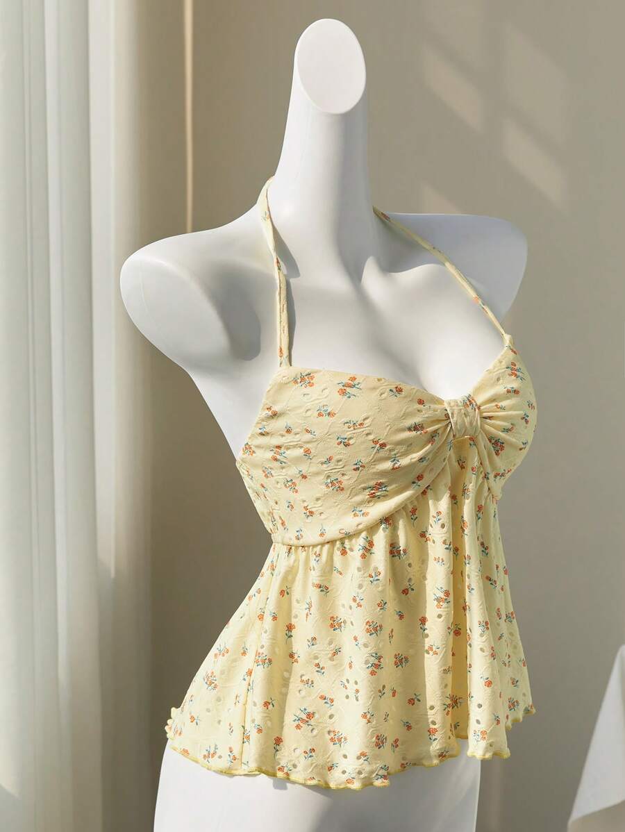 Elamini Yellow Ditsy Floral Hollow-Out V-Neck Cute & Sexy Backless Cropped Camisole, Spring/Summer