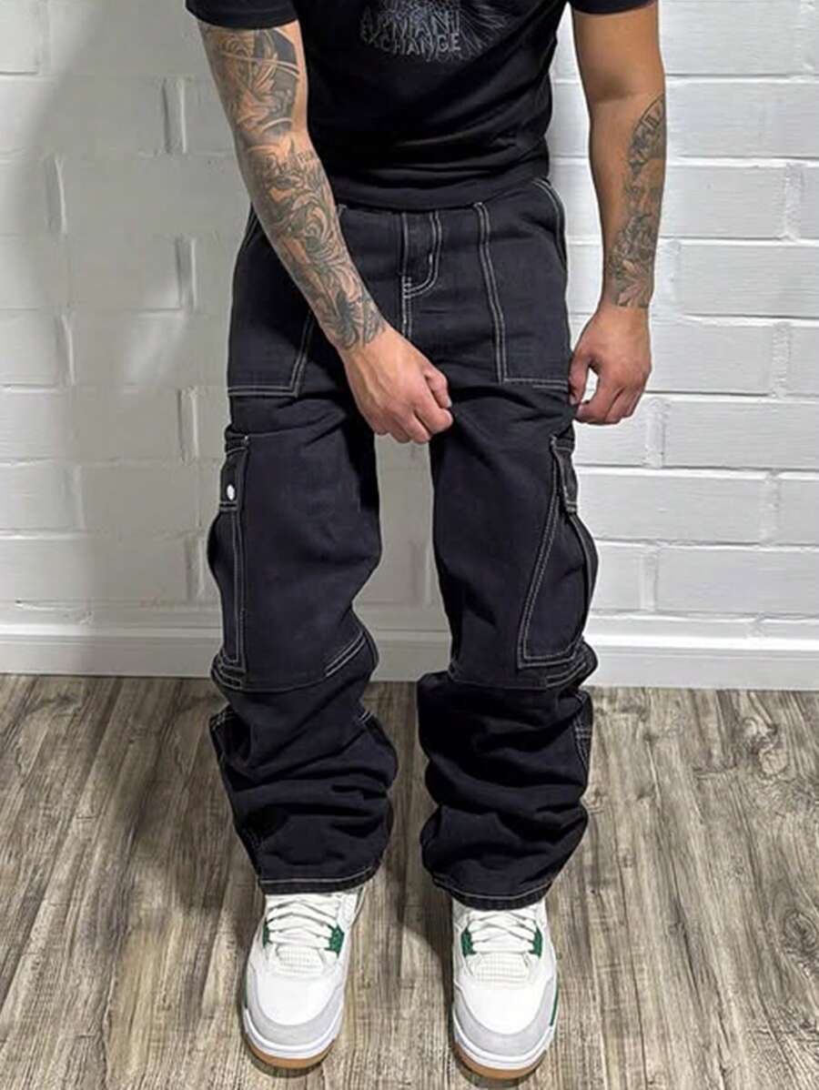 Manfinity LEGND Men's Solid Color Pleated Loose Straight Leg Jeans