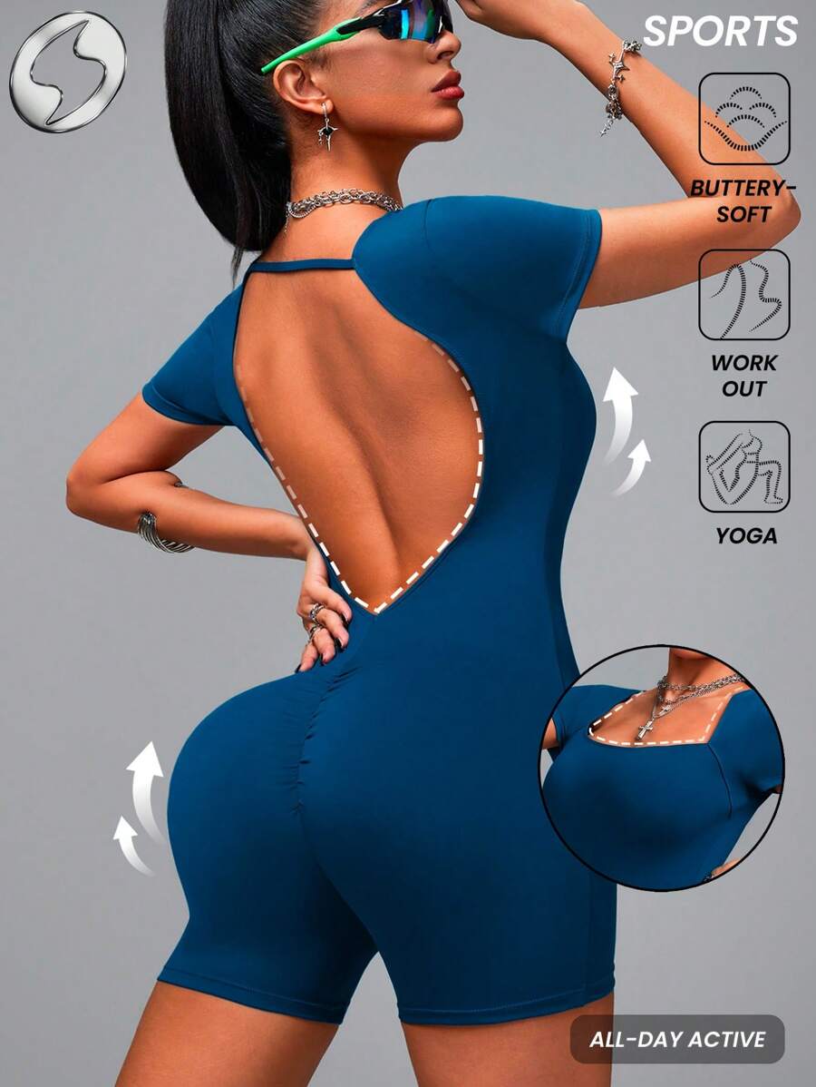 Innovista Women Activewear Backless Hollow Out Short Sleeve Sports Jumpsuit, Breathable Elastic Dry Fit Gym Jumpsuit For Daily,Sculpting Shapewear, Workout Outfits, Fitniss Romper & Overall,Multi-Use For Training, Edgy & Unique Stylish Tracksuit, Yoga,Mat,Pilates,Running,Cardio,Strength,Weights,Cycle,Bike,Outdoor,Hike,Camping,Trail,Volleyball,Going Out,Dance,Athleisure, Music Festival, Party, Blue & Green,Spring Summer Gear,Bathing Suit,Mother's Day Gift