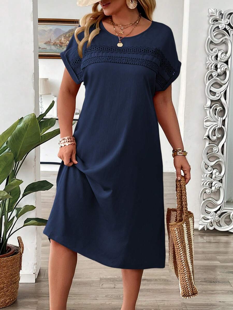 EMERY ROSE 1 pièce Robe pull ample d'été avec encolure ronde, épaules tombantes, contraste de dentelle, grande taille