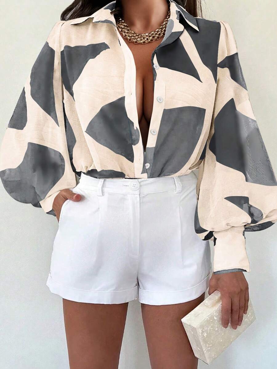 Calvaya Camicia elegante con maniche lunghe, stampa casuale, bottoni davanti, disponibile in taglie forti