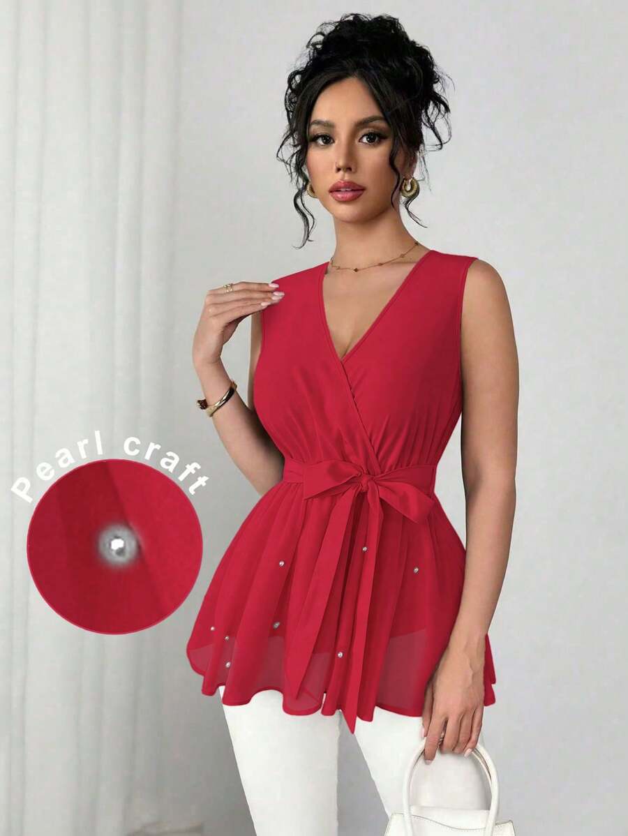 Elenzga Blusa elegante francese con scollo a V incrociato, senza maniche, vita stretta, in tessuto trasparente a rete con decorazione in perle, con fondo ampio e svasato