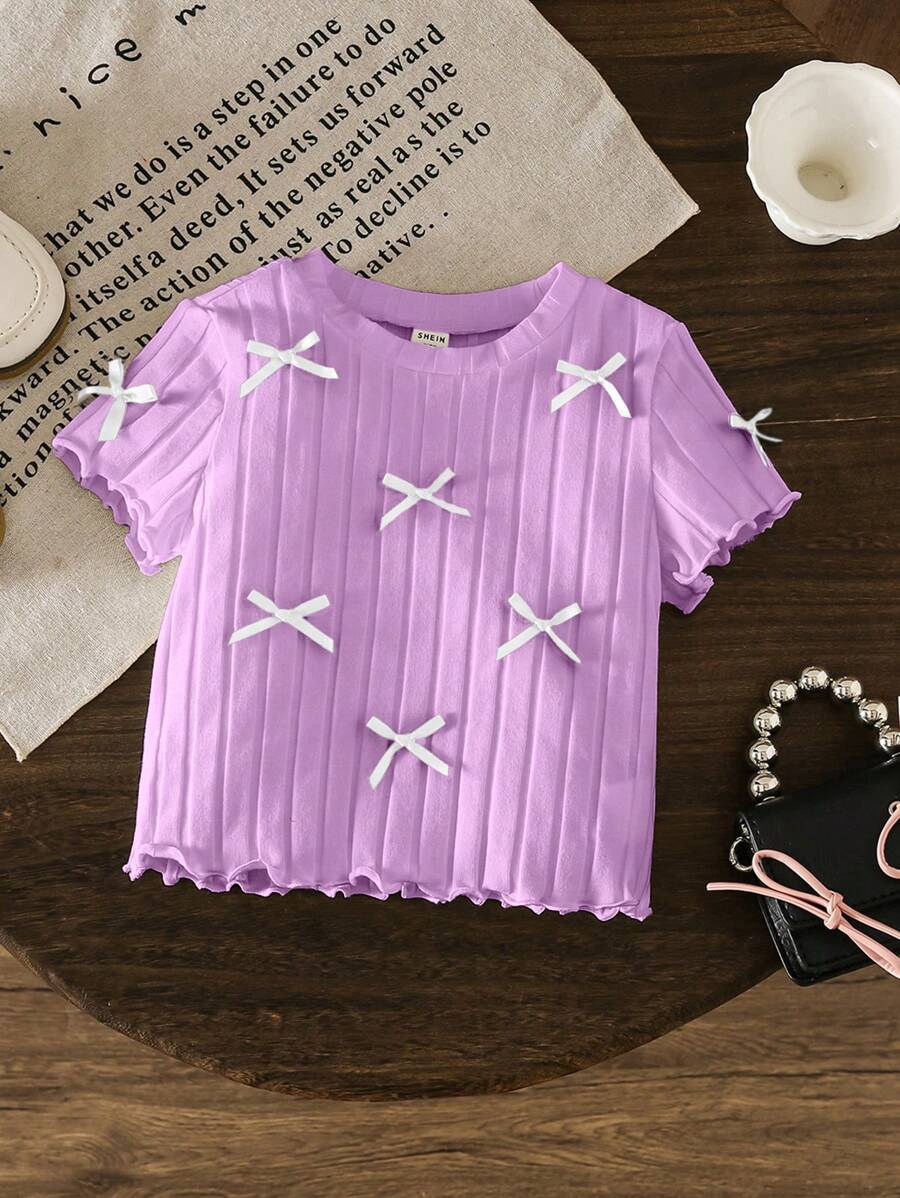 SHEIN LMoss Kids Young Girl Casual T-Shirt With Bow Decoration