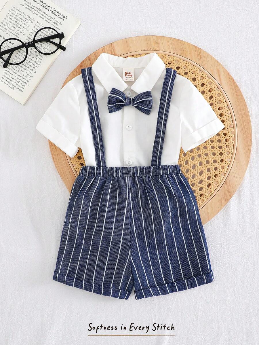 Cozy Pixies 2pcs Baby Boy Outfits: Bowknot Collar Short Sleeve Shirt And Elastic Waist Shorts Suit Set