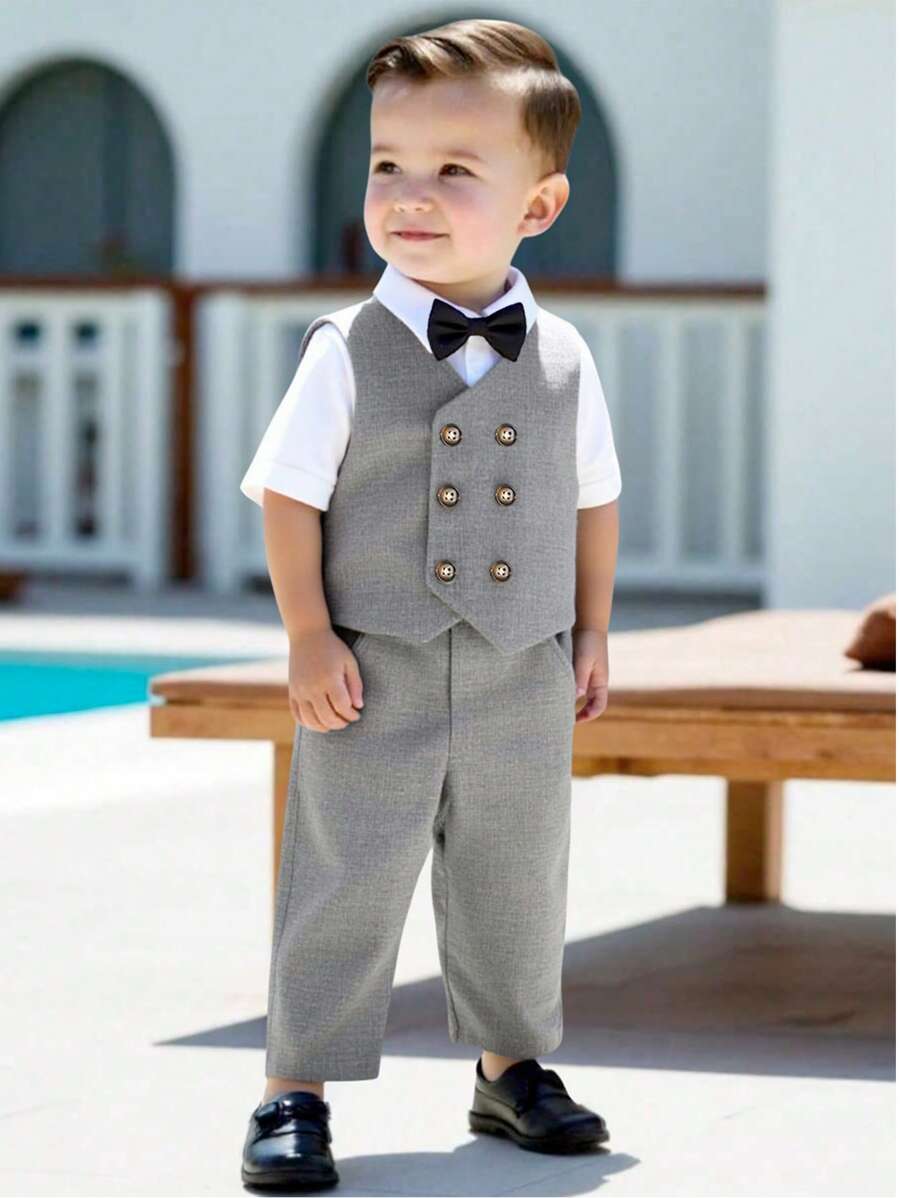 Souflis Souflis Set de 3 piezas de traje de caballero para niño - Chaleco de doble botonadura + Pantalones casuales + Pajarita negra, excluyendo la camisa, de moda, elegante y con estilo, tela cómoda, adecuado para primavera/otoño, perfecto para uso diario, fiestas, bodas, bautizos, actuaciones y eventos