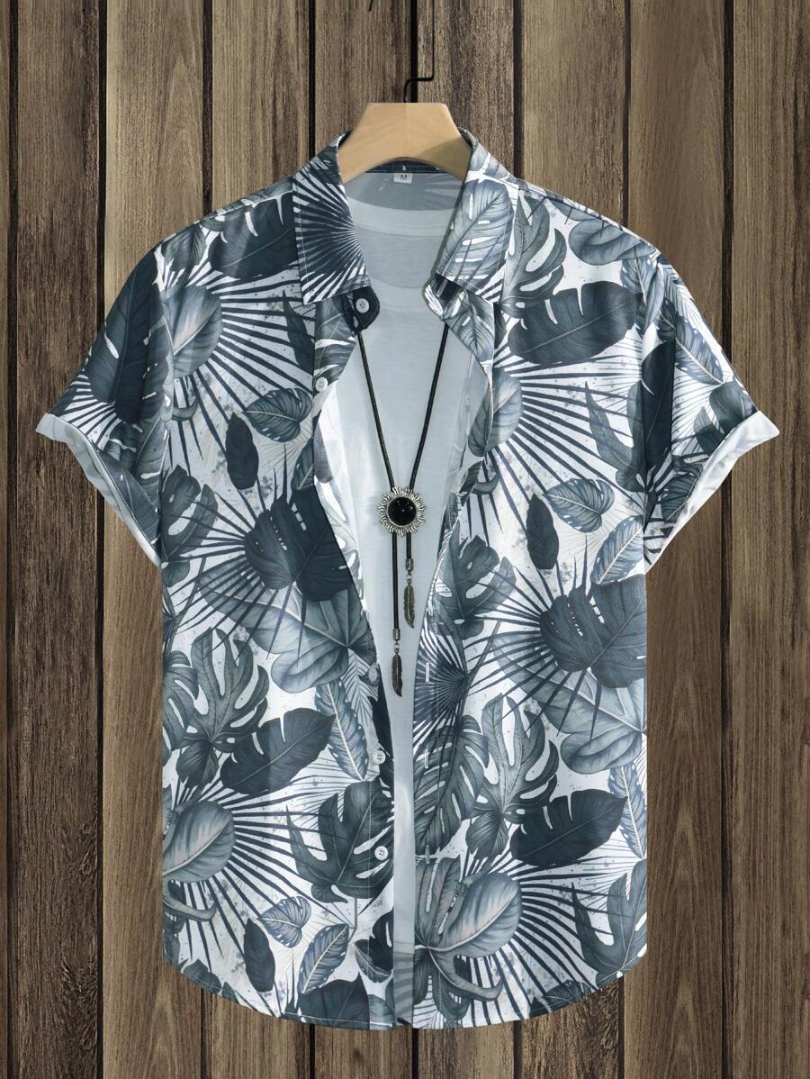 Manfinity RSRT Men's Vacation Tropical Plant Print Short Sleeve Single-Breasted Shirt Men Beach Shirts