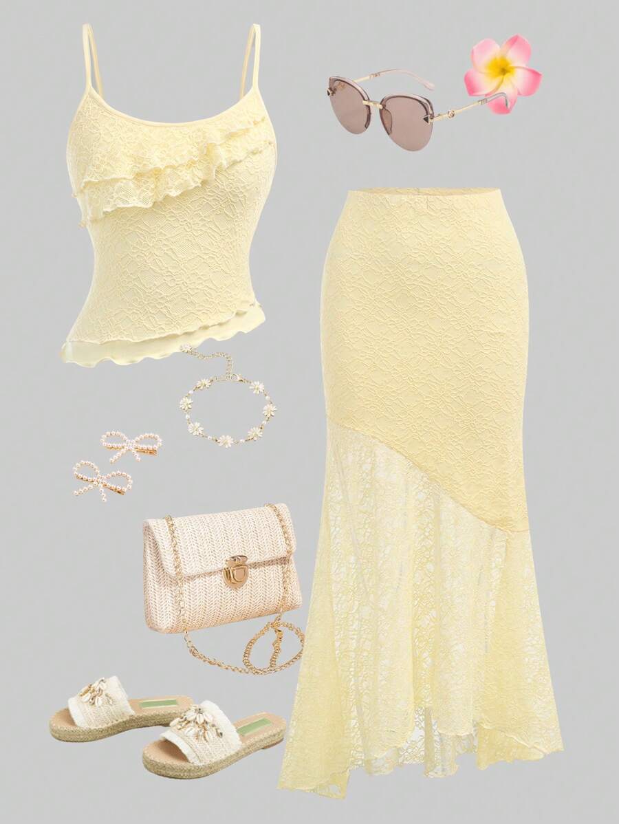 Girlism 2pcs/Set TEENGIRL Resort & Wedding Lace Asymmetric Hem Top And Low Waist Fishtail Ruffle Asymmetrical Hem Skirt, Elegant Wedding Outfit