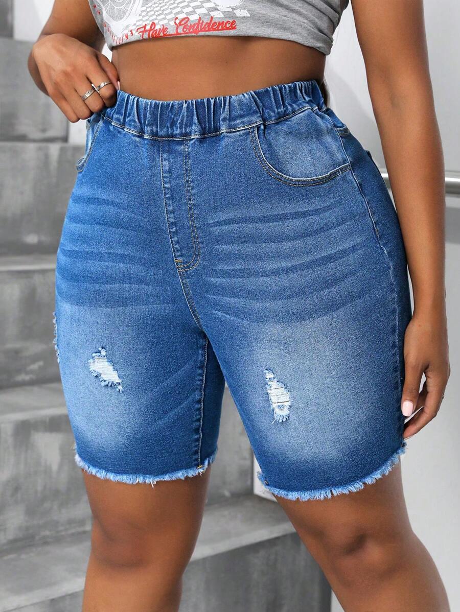 SHEIN SXY Plus Size Women's Summer Pockets Distressed Elastic Waist Denim Biker Pants
