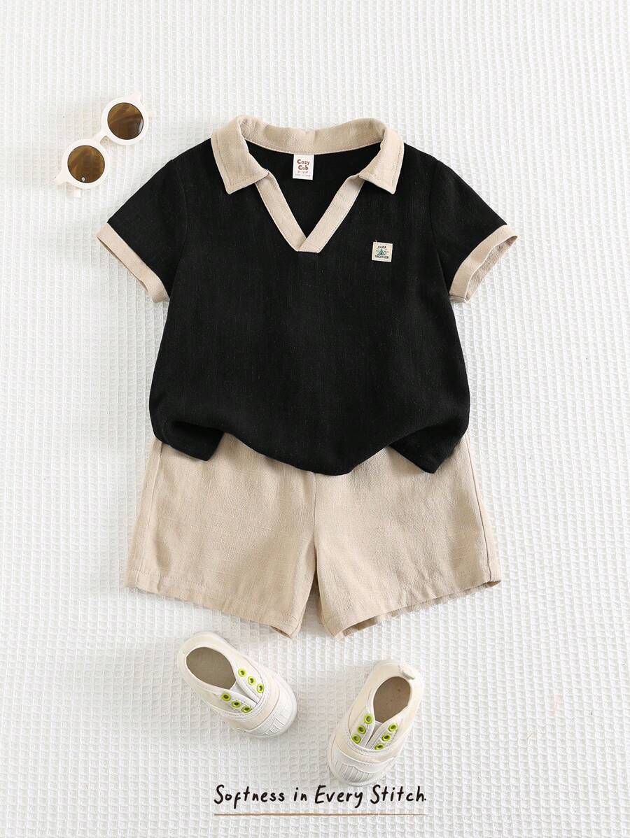 Cozy Pixies 2pcs Baby Boy Set: Ornate Decoration Colorblock Collar Short Sleeve Polo Shirt & Solid Color Elastic Waist Shorts